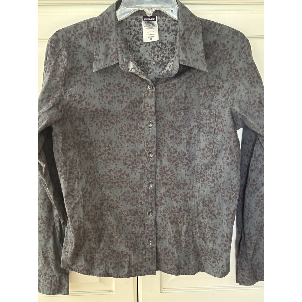 Patagonia Womens 10 Grey Floral Organic Cotton Blend Button Down Long Sleeve